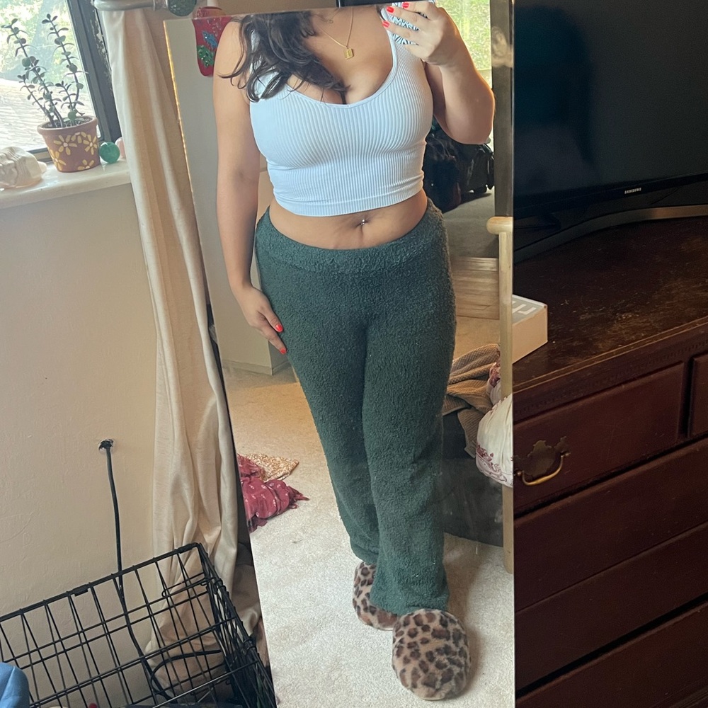 large fluffy green AERIE pants